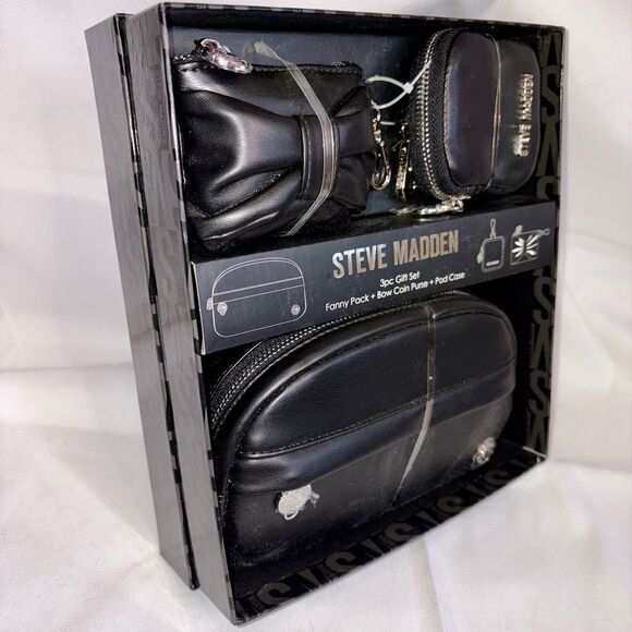 Steve Madden 3-Pc Gift Set Belt Bag, Coin Purse w/ Bow And Earbud Case Black NEW - Picture 2 of 6